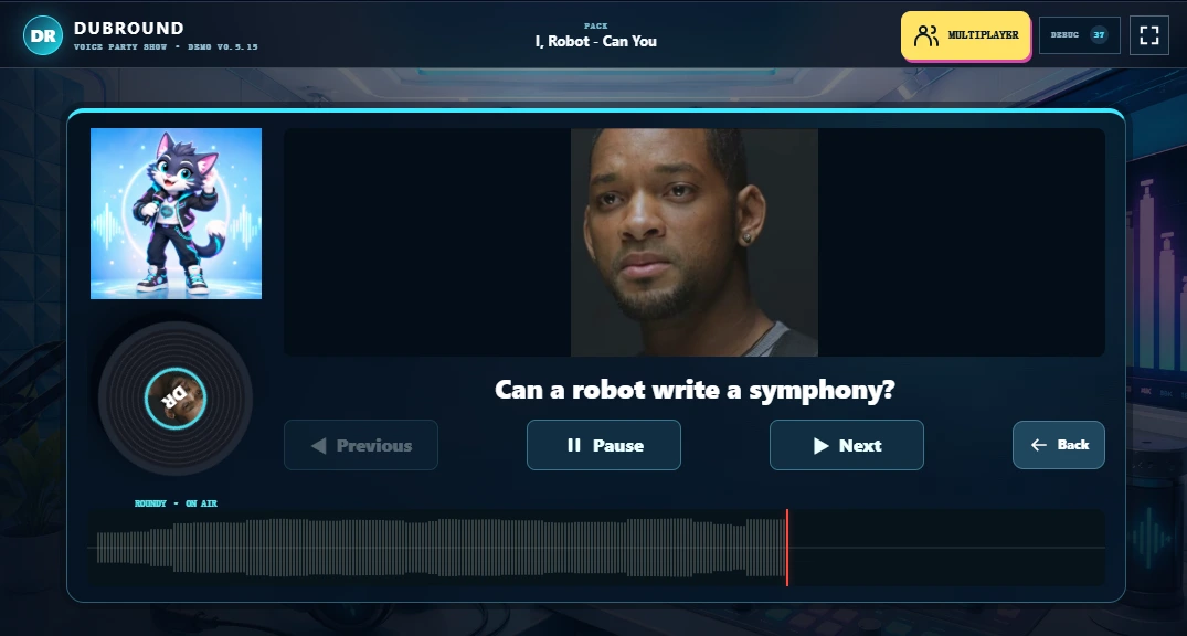 DubRound reference playback with a scene image, caption and audio waveform