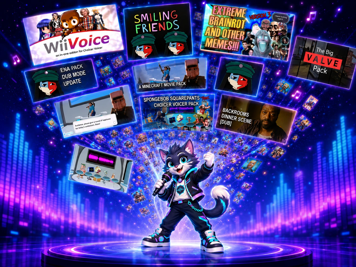 Roundy surrounded by voice Pack artwork on a neon stage